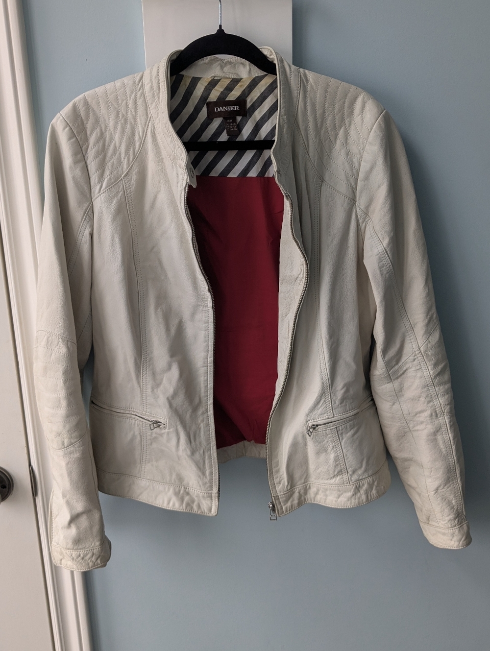 Danier Cream Leather Moto Jacket with Red Lining